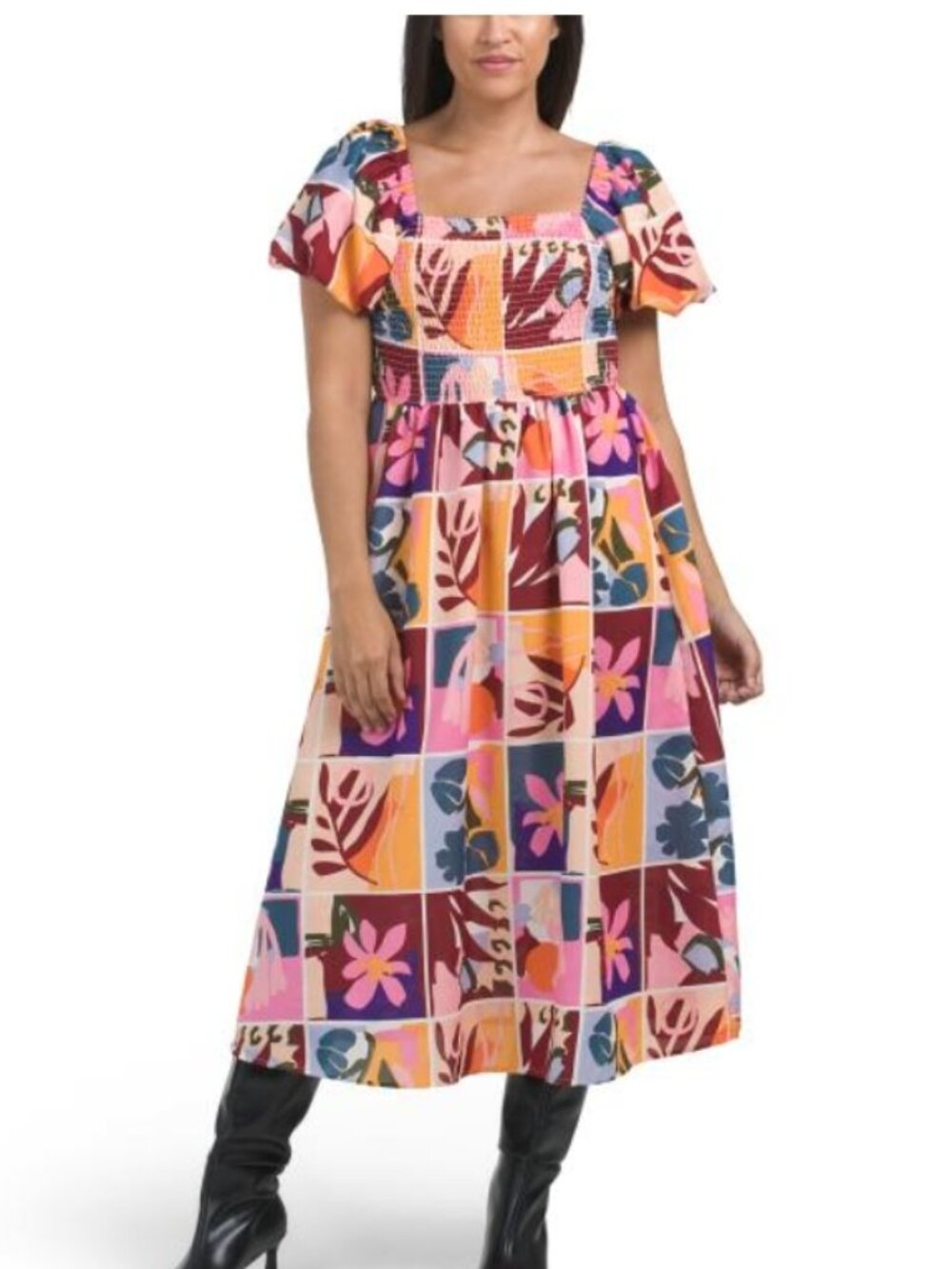 NWT US Together Pink Floral Printed Puff Sleeve Smocked Bodice Midi Dress